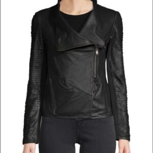 Lamarque Black Leather Moto Jacket with Textured Sleeves Size S